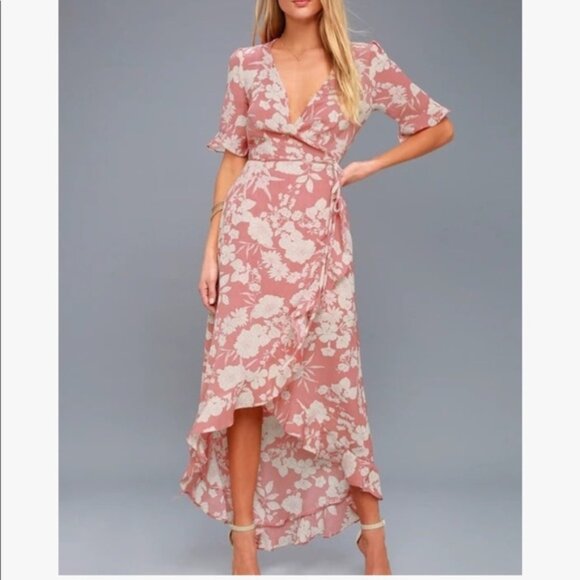 NWT Lulu's Wild Winds Pink Floral Print High-Low Wrap Romantic Dress Size Medium - Picture 1 of 11